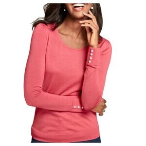 Talbots 1X Womens Pink Gathered Shoulder Merino Sweater Pearl Buttons